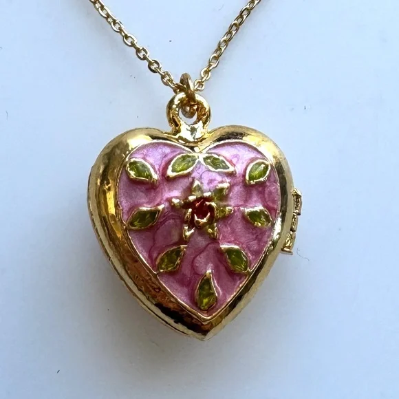 Pink Cloisonne Heart Locket Stainless Steel Hypoallergenic Necklace Chain #7009 - Picture 9 of 10